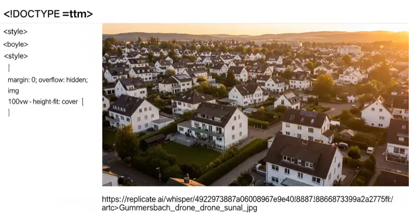 Aerial drone view of typical German residential neighborhood with mixed roof types, red and dark roof tiles, gardens visible, sunny day