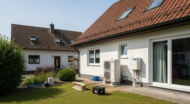Wärmepumpen-Installation an Einfamilienhaus in Gummersbach mit Installateur-Team bei der Außeneinheit-Montage