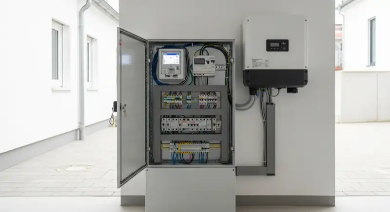 Modern German electrical meter cabinet (Zählerschrank) with smart meter and solar inverter connection, clean technical installation