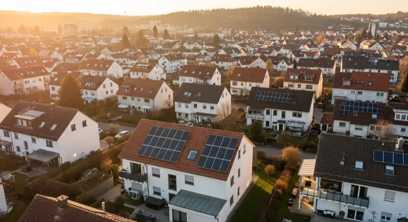 Aerial drone view of typical German residential neighborhood with mixed roof types, red and dark roof tiles, gardens visible, sunny day