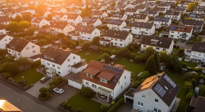 Aerial drone view of typical German residential neighborhood with mixed roof types, red and dark roof tiles, gardens visible, sunny day