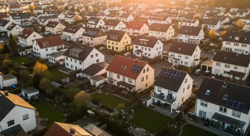 Aerial drone view of typical German residential neighborhood with mixed roof types, red and dark roof tiles, gardens visible, sunny day