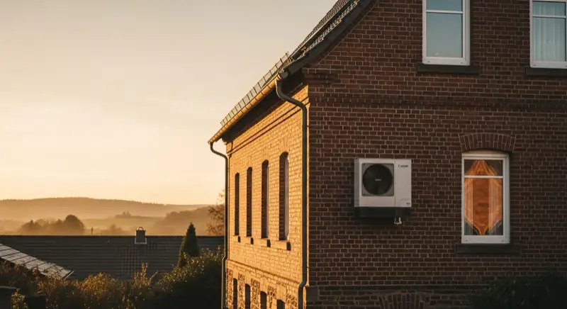 Hagener Altbau mit Ziegelsteinwand und moderner Wärmepumpe an der Seite, hügelige Umgebung