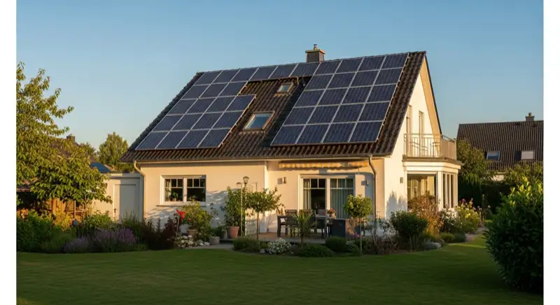 German detached house (Einfamilienhaus) with photovoltaic panels on pitched roof, well-maintained garden, warm afternoon sunlight