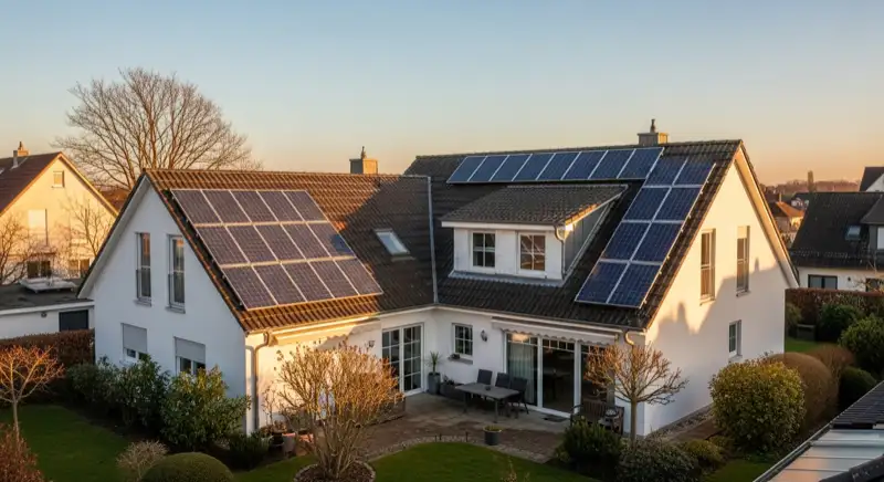 German detached house (Einfamilienhaus) with photovoltaic panels on pitched roof, well-maintained garden, warm afternoon sunlight