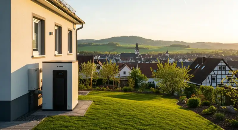 Wärmepumpe an einem Hagener Einfamilienhaus mit hügeliger Sauerland-Landschaft im Hintergrund