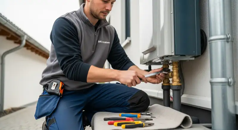 Fachinstallateur bei der Montage einer Wärmepumpe an einem Hagener Haus