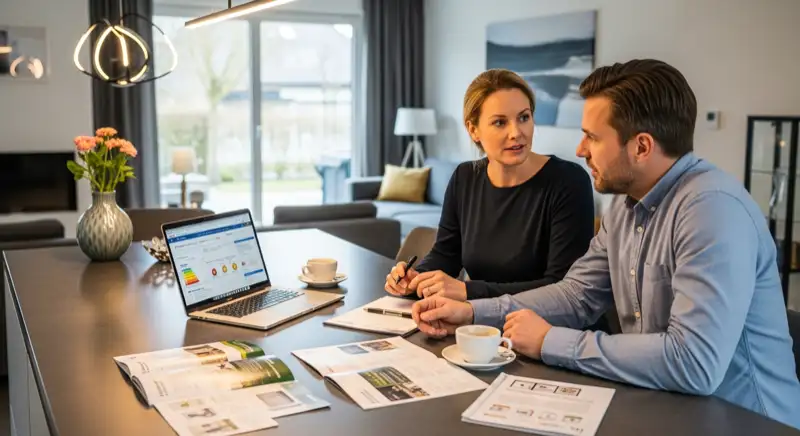 Ehepaar bei der Kaufberatung für eine Wärmepumpe, Unterlagen auf dem Küchentisch