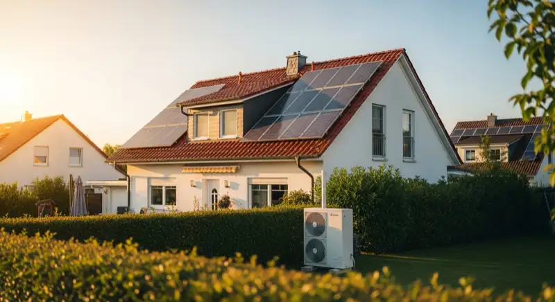 Einfamilienhaus mit Solaranlage auf dem Dach und Wärmepumpe im Garten