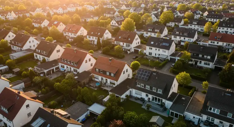 Aerial drone view of typical German residential neighborhood with mixed roof types, red and dark roof tiles, gardens visible, sunny day