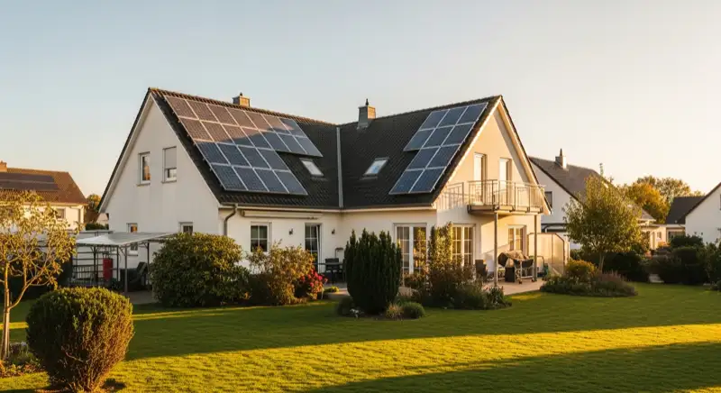 German detached house (Einfamilienhaus) with photovoltaic panels on pitched roof, well-maintained garden, warm afternoon sunlight