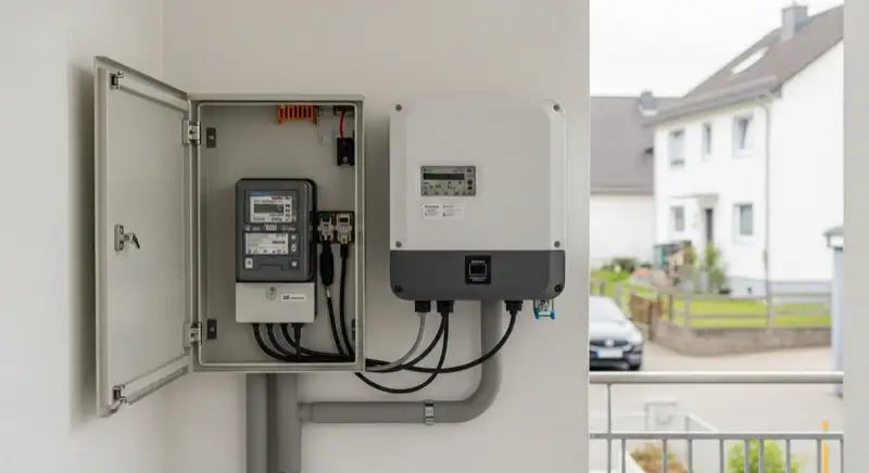 Modern German electrical meter cabinet (Zählerschrank) with smart meter and solar inverter connection, clean technical installation
