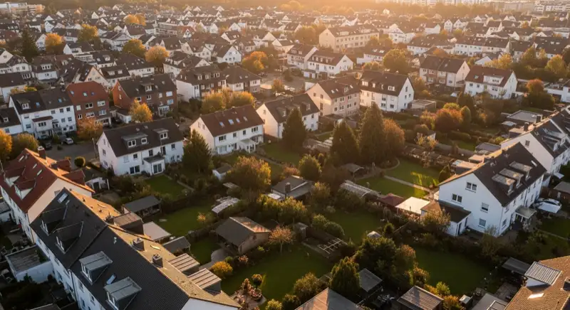 Aerial drone view of typical German residential neighborhood with mixed roof types, red and dark roof tiles, gardens visible, sunny day