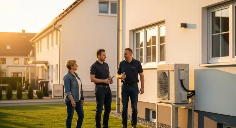 Einfamilienhaus mit Wärmepumpe im Vorgarten in einem Hallesche Wohngebiet mit typischer Backstein-Architektur