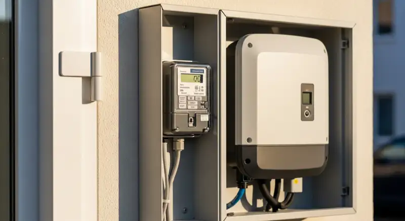 Modern German electrical meter cabinet (Zählerschrank) with smart meter and solar inverter connection, clean technical installation