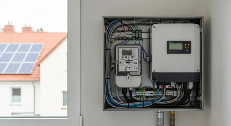 Modern German electrical meter cabinet (Zählerschrank) with smart meter and solar inverter connection, clean technical installation