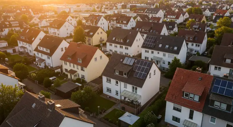 Aerial drone view of typical German residential neighborhood with mixed roof types, red and dark roof tiles, gardens visible, sunny day