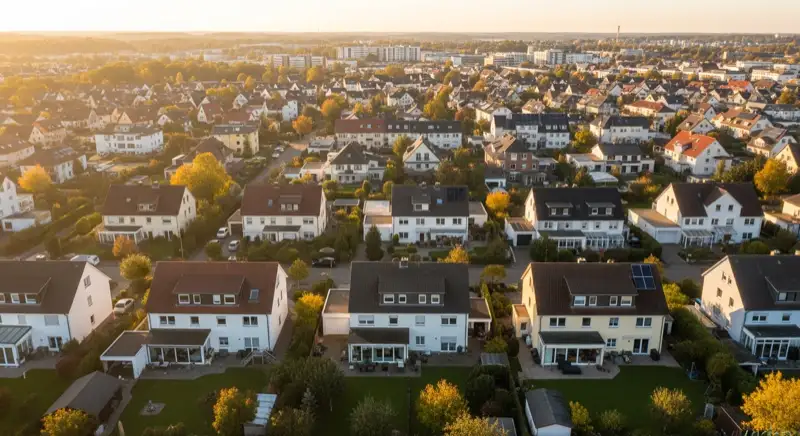 Aerial drone view of typical German residential neighborhood with mixed roof types, red and dark roof tiles, gardens visible, sunny day