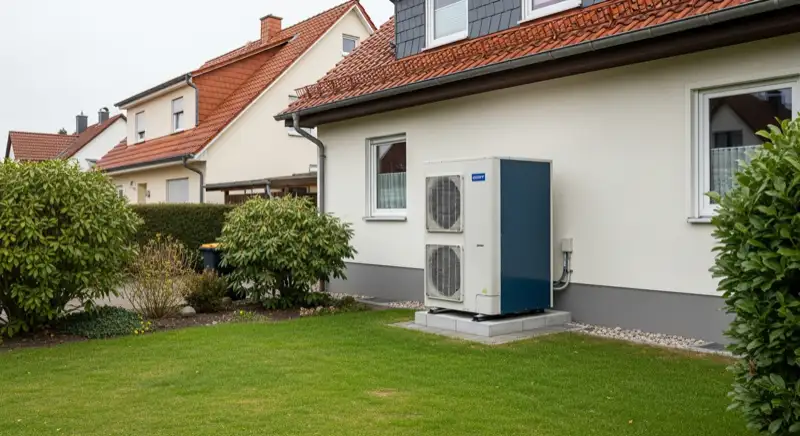 Installation einer Luft-Wärmepumpen-Außeneinheit vor einem Einfamilienhaus in Halle