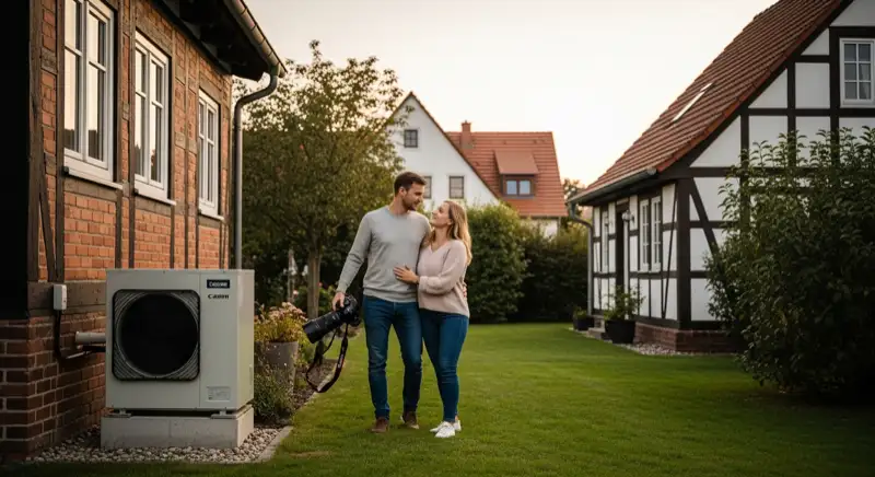 Moderne Luft-Wasser-Wärmepumpe im Vorgarten eines Altbau- Hauses in Paulusviertel mit rotem Klinker