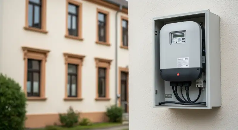 Modern German electrical meter cabinet (Zählerschrank) with smart meter and solar inverter connection, clean technical installation