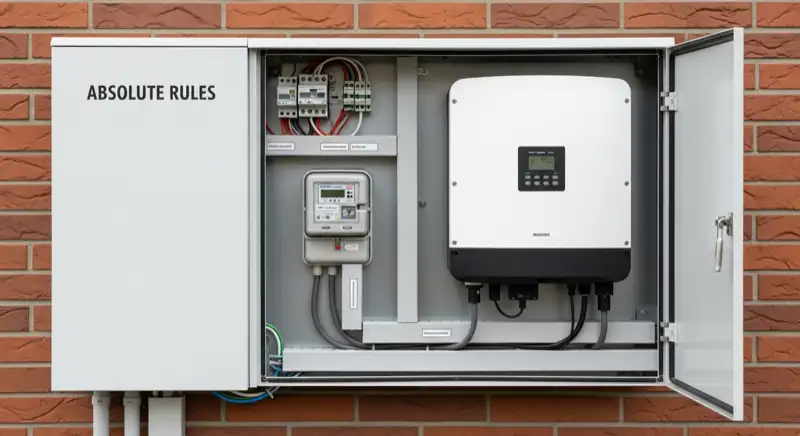 Modern German electrical meter cabinet (Zählerschrank) with smart meter and solar inverter connection, clean technical installation