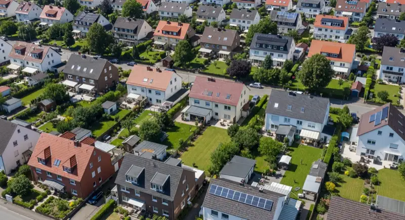 Aerial drone view of typical German residential neighborhood with mixed roof types, red and dark roof tiles, gardens visible, sunny day