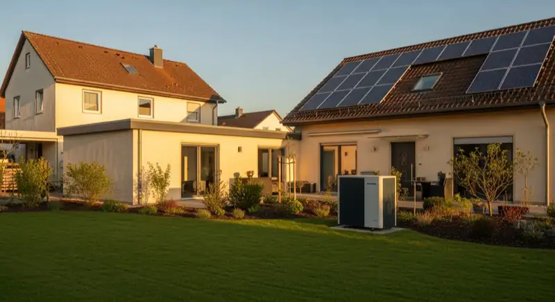 Einfamilienhaus in Halle mit Photovoltaik-Anlage auf dem Dach und Wärmepumpen-Außeneinheit im Garten