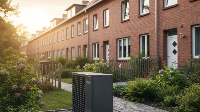 Moderne Luft-Wärmepumpe vor einem Hamburger Reihenhaus mit Backstein-Fassade