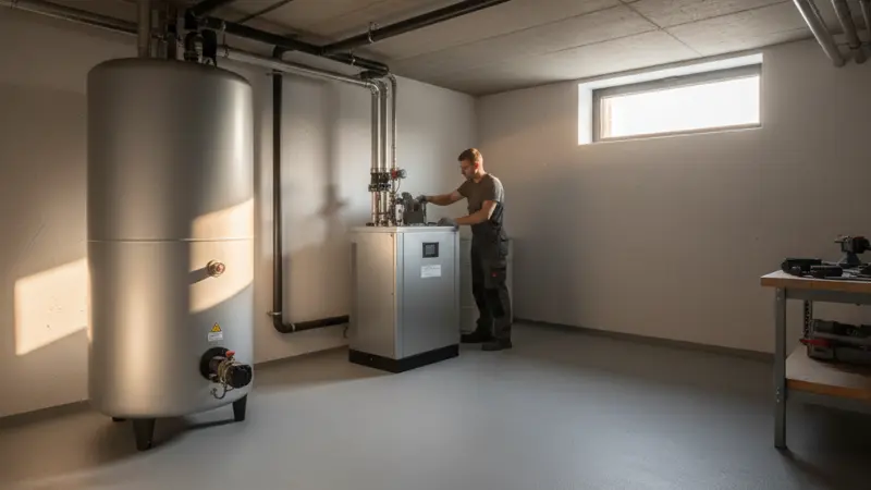 Techniker installiert eine Wärmepumpe im Heizungskeller eines Einfamilienhauses