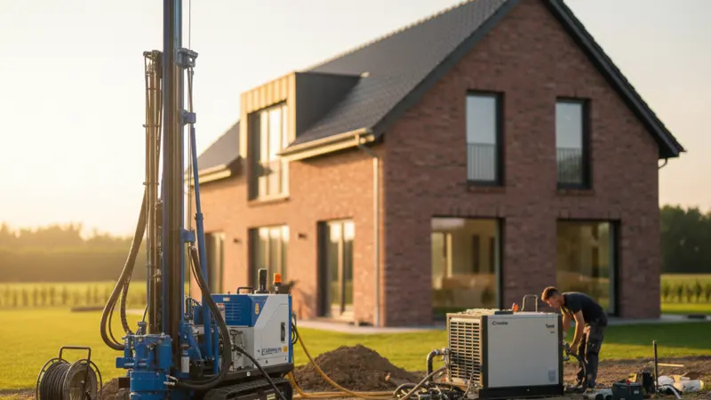Erdwärmebohrung für eine Sole-Wärmepumpe vor einem Hamburger Einfamilienhaus