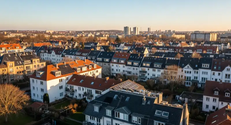 Aerial drone view of typical German residential neighborhood with mixed roof types, red and dark roof tiles, gardens visible, sunny day