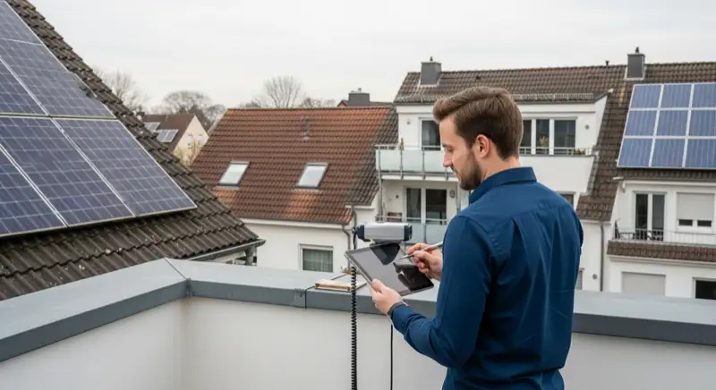 Installateur bei der Gebäudeaufnahme an einem Hamburger Einfamilienhaus mit Messgerät und Tablet