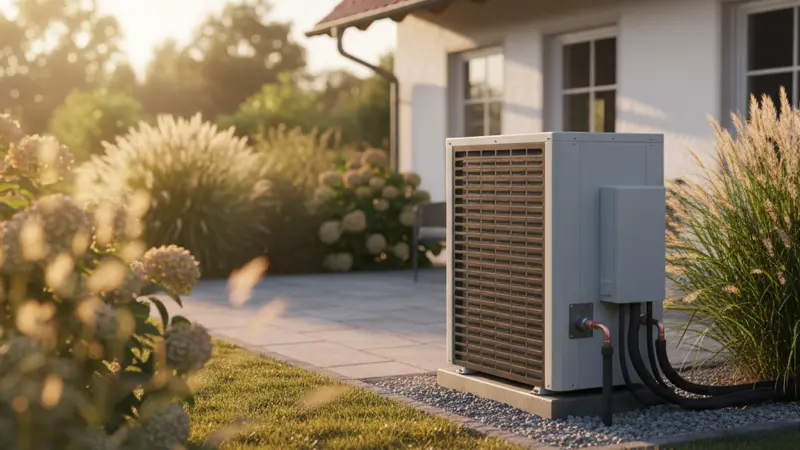 Luft-Wasser-Wärmepumpe Außeneinheit, Detailaufnahme der Installation