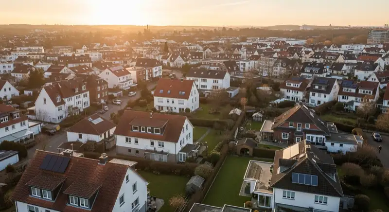 Aerial drone view of typical German residential neighborhood with mixed roof types, red and dark roof tiles, gardens visible, sunny day