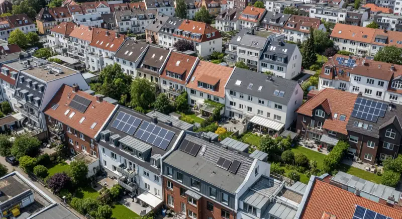 Aerial drone view of typical German residential neighborhood with mixed roof types, red and dark roof tiles, gardens visible, sunny day