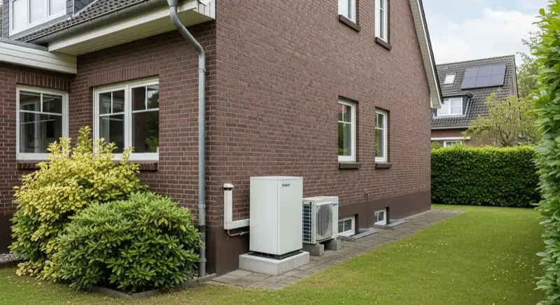 Installation einer Luft-Wasser-Wärmepumpe an einem Hamburger Einfamilienhaus mit Facharbeitern