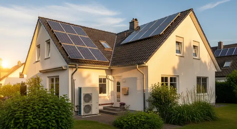 Hamburger Einfamilienhaus mit Photovoltaik-Anlage auf dem Dach und Wärmepumpen-Außeneinheit im Vorgarten