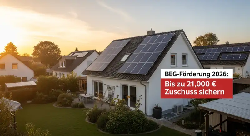 German detached house (Einfamilienhaus) with photovoltaic panels on pitched roof, well-maintained garden, warm afternoon sunlight