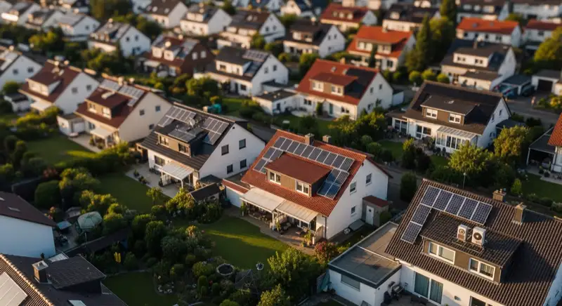 Aerial drone view of typical German residential neighborhood with mixed roof types, red and dark roof tiles, gardens visible, sunny day