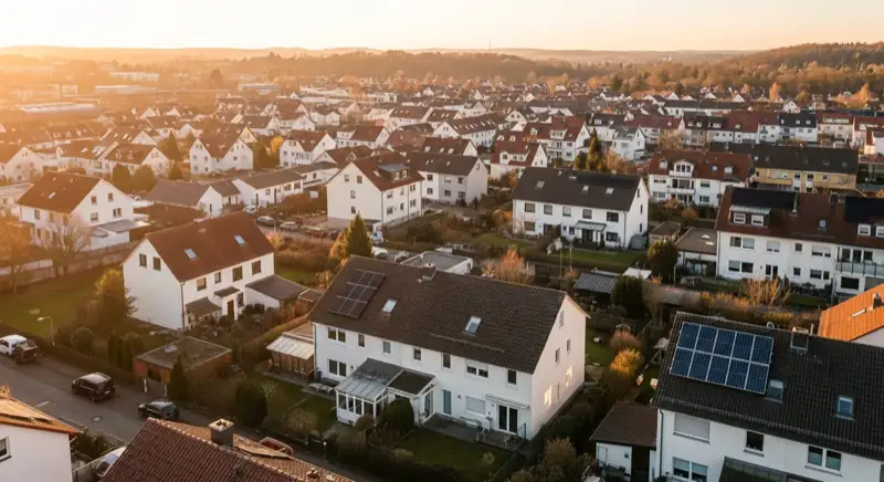 Aerial drone view of typical German residential neighborhood with mixed roof types, red and dark roof tiles, gardens visible, sunny day