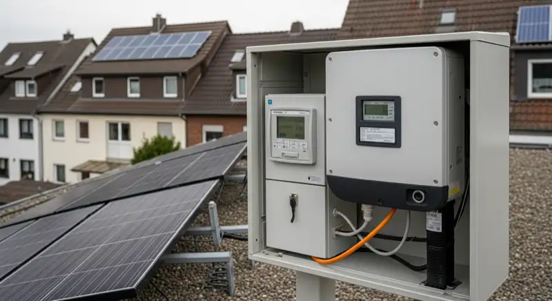 Modern German electrical meter cabinet (Zählerschrank) with smart meter and solar inverter connection, clean technical installation