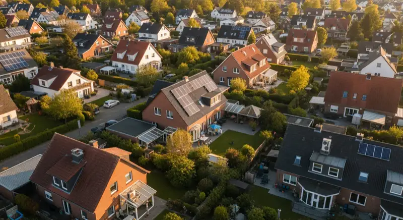 Aerial drone view of typical German residential neighborhood with mixed roof types, red and dark roof tiles, gardens visible, sunny day