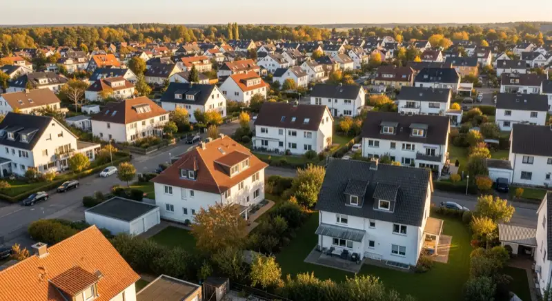 Aerial drone view of typical German residential neighborhood with mixed roof types, red and dark roof tiles, gardens visible, sunny day