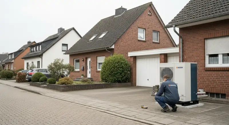 Installateur bei Vor-Ort-Termin für Wärmepumpe vor Einfamilienhaus in Hamm