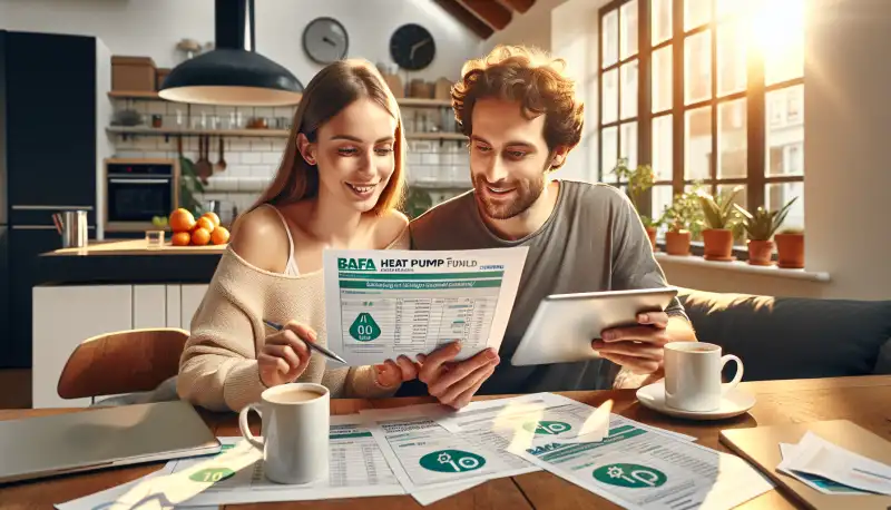 Familie prüft BAFA-Förderanträge für Wärmepumpe am Küchentisch