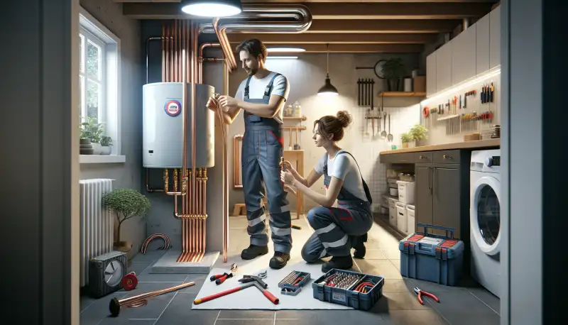 Techniker installiert Wärmepumpe im Keller eines Hammer Einfamilienhauses