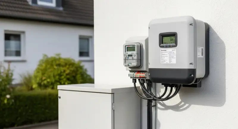 Modern German electrical meter cabinet (Zählerschrank) with smart meter and solar inverter connection, clean technical installation
