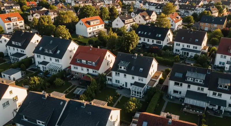 Aerial drone view of typical German residential neighborhood with mixed roof types, red and dark roof tiles, gardens visible, sunny day