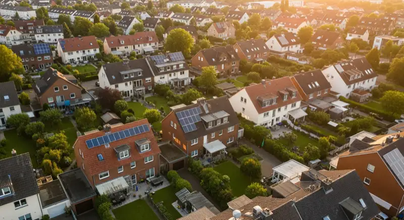 Aerial drone view of typical German residential neighborhood with mixed roof types, red and dark roof tiles, gardens visible, sunny day